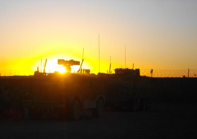 Sun setting over C Company’s vehicles in Nad-e-Ali